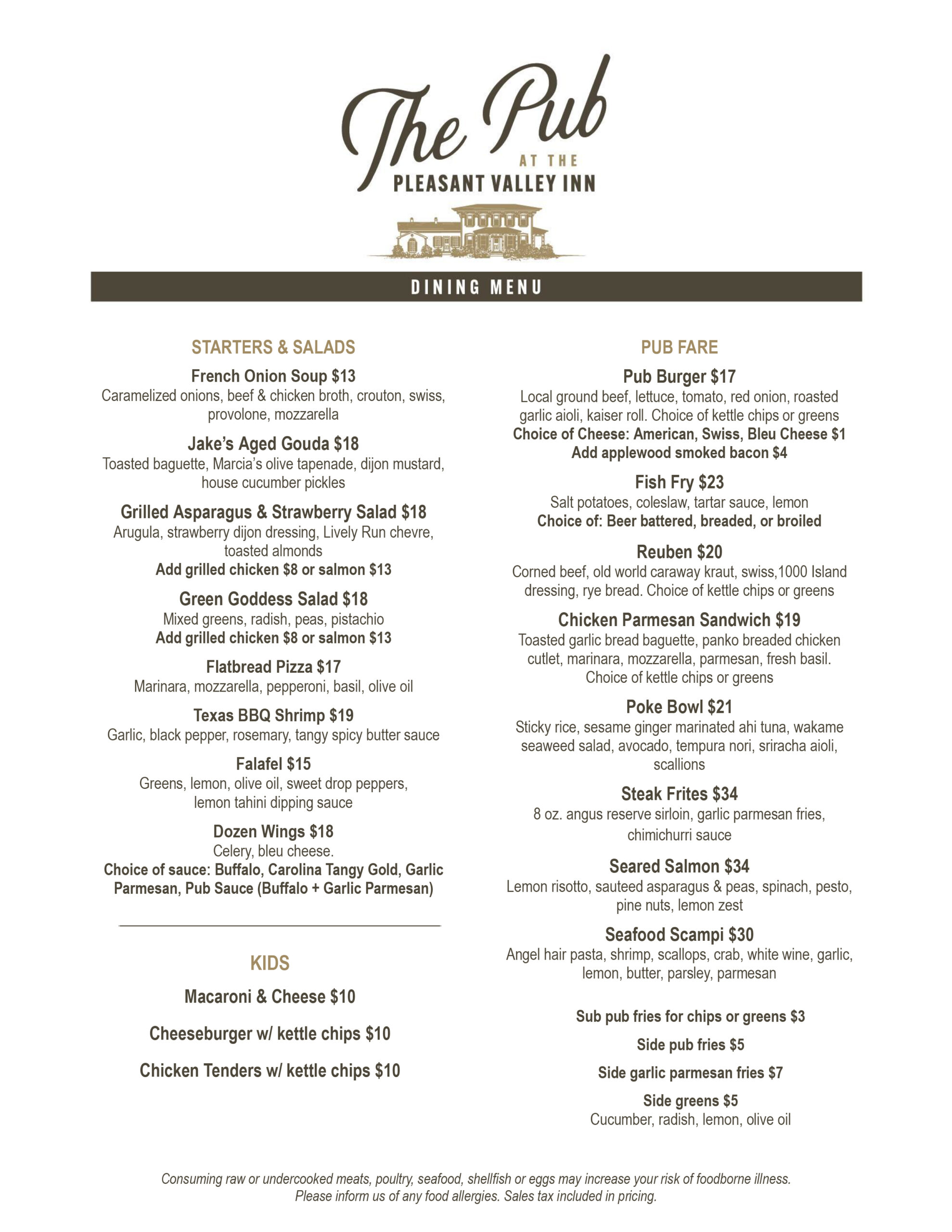 The Pub at Pleasant Valley Inn April 2026 menu
