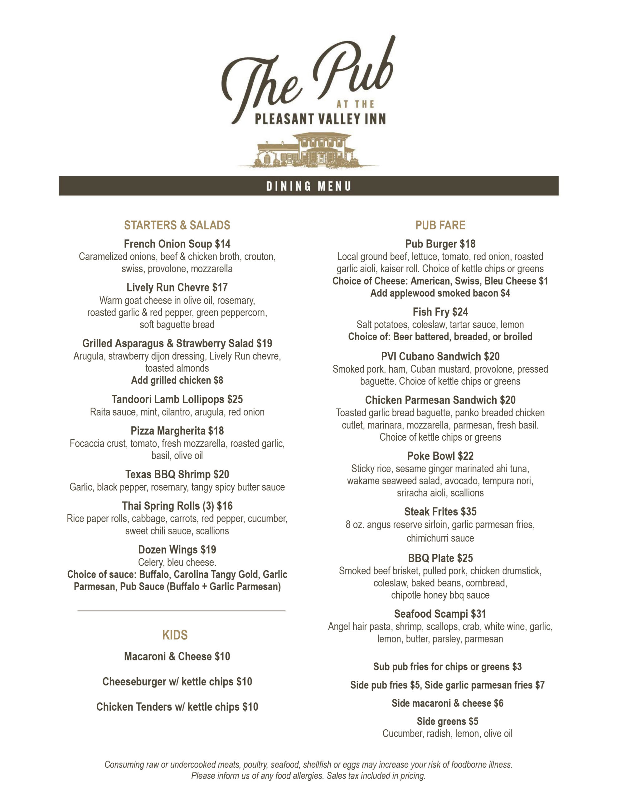 The Pub at Pleasant Valley Inn June 2026 menu