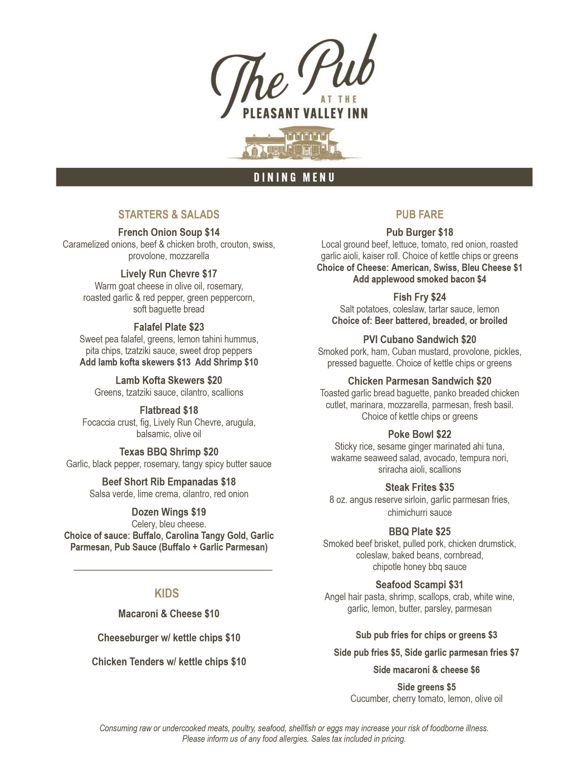 The Pub at Pleasant Valley Inn June 2026 menu