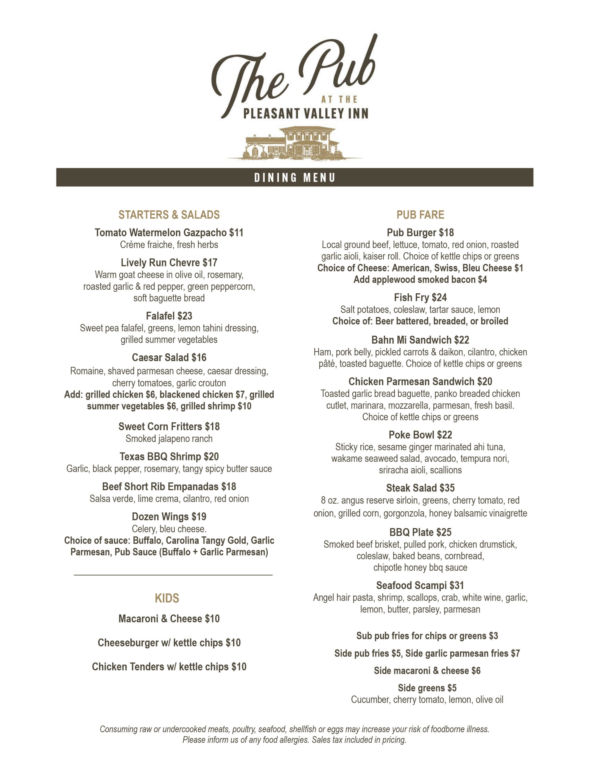 The Pub at Pleasant Valley Inn August 2026 menu