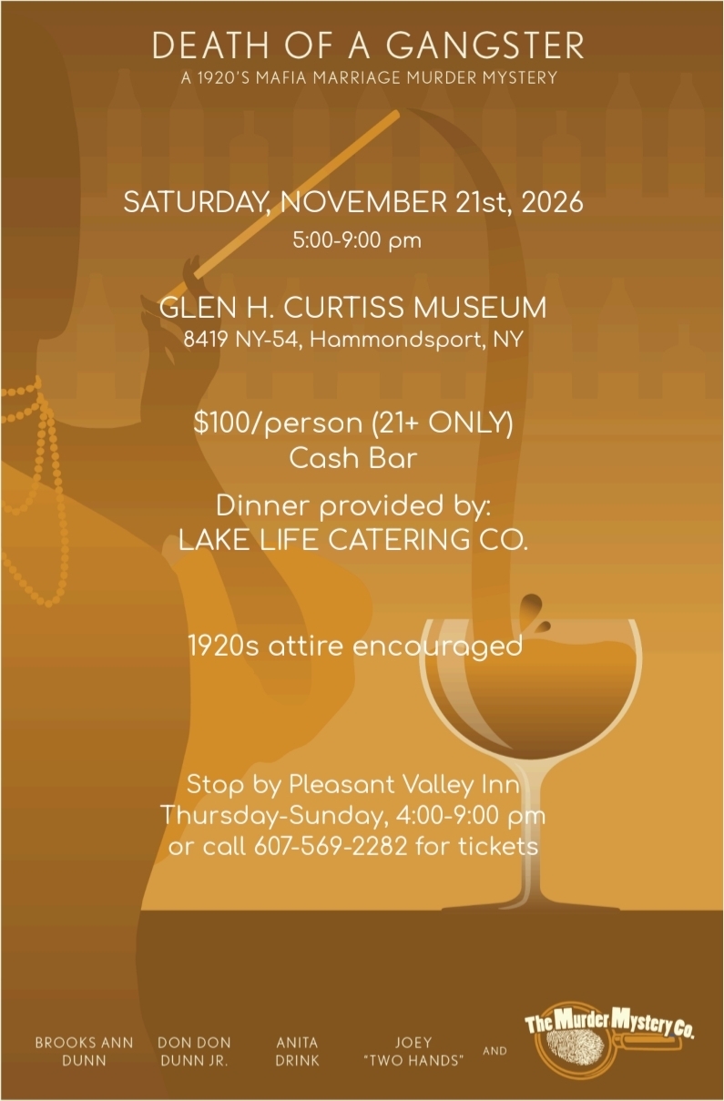 Death of a Gangster 1920s mafia marriage murder mystery poster, Saturday, November 21, 2026 at the Glen H. Curtiss Museum, Hammondsport NY